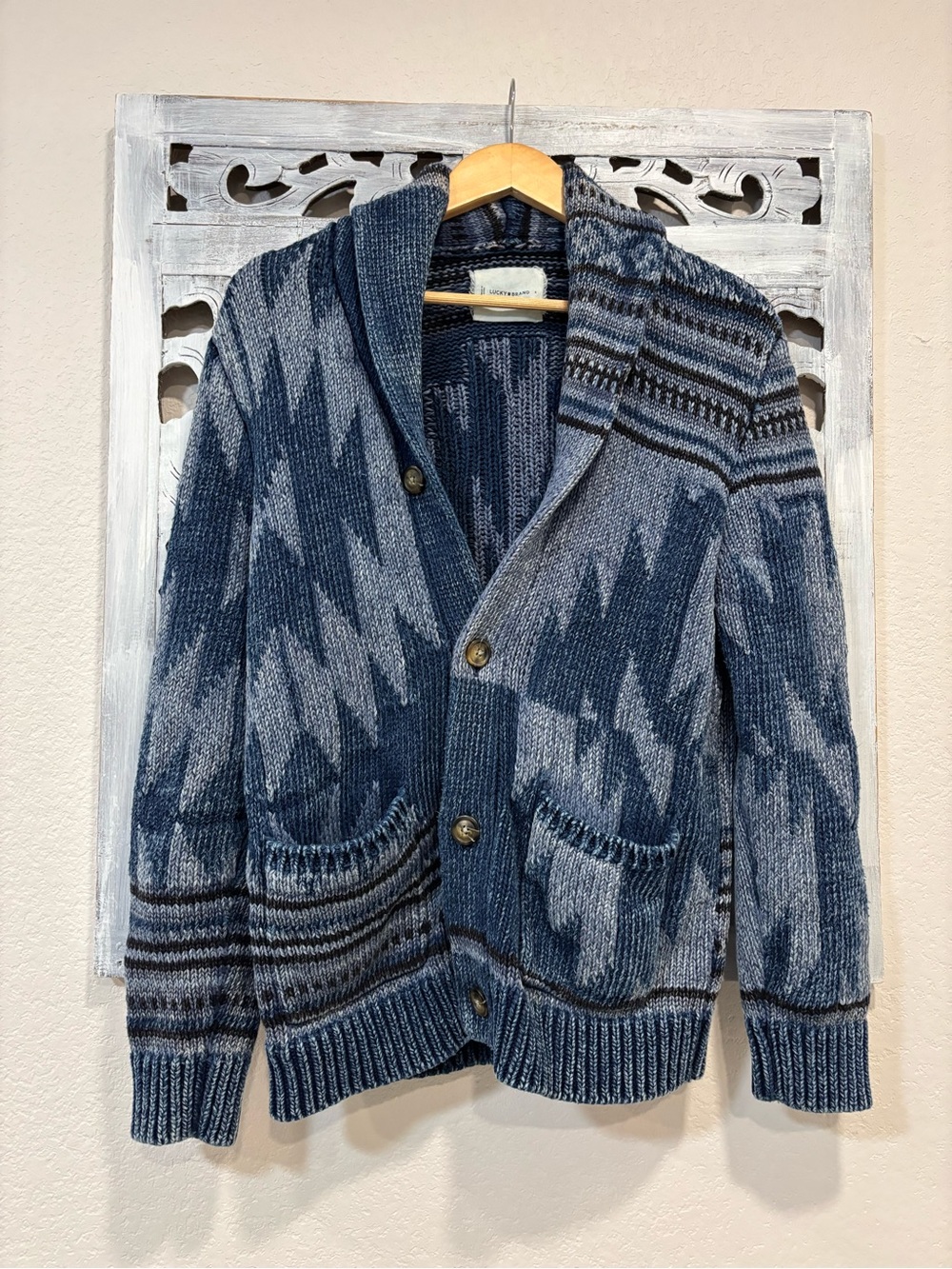 Lucky Brand Men's Southwestern Aztec Shawl Blue Patterned Knit Cardigan Sweater - Picture 4 of 10